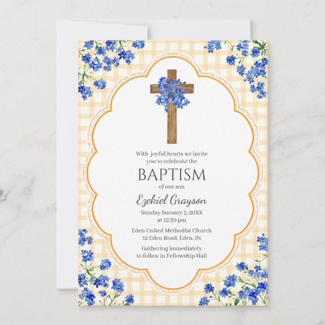 010 Amber Blossom Rustic Cross Design Baptism Invitation (Front)
