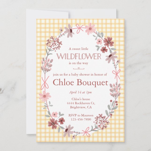 010 Amber Boho Wildflower Bow Gingham Baby Shower Invitation (Front)