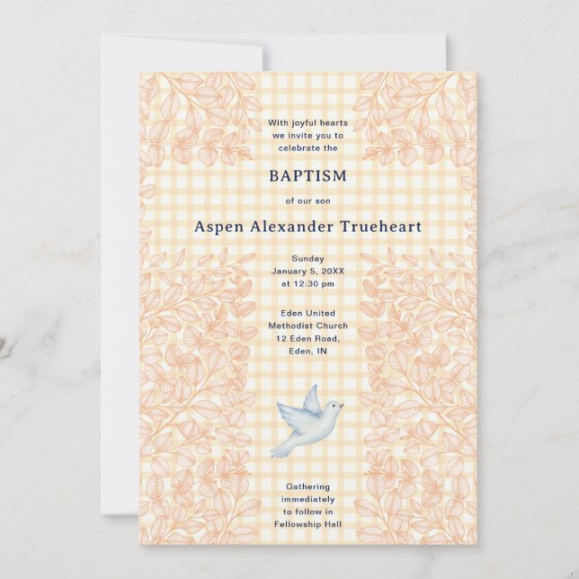 010 Amber Dove Botanical Cross Gingham Baptism Invitation (Front)