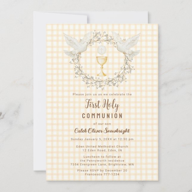 010 Amber Dove & Chalice Gingham 1st Communion Invitation (Front)