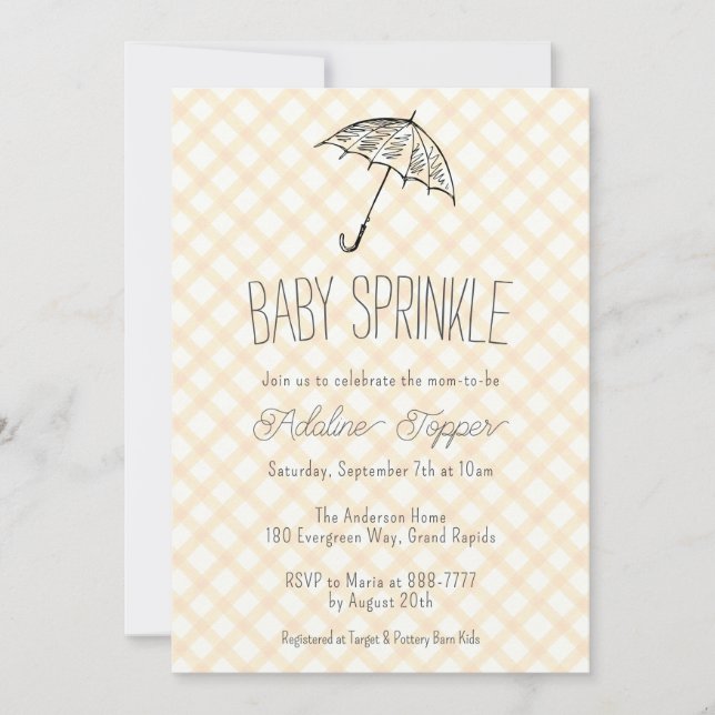 010 Amber Modern Umbrella Gingham Baby Sprinkle Invitation (Front)