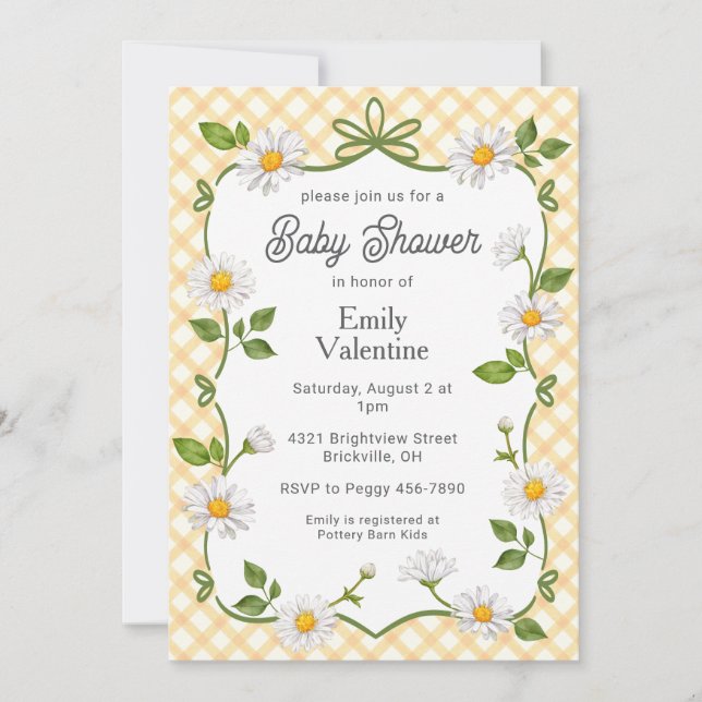 010 Amber Orange Floral Daisy Plaid Baby Shower Invitation (Front)