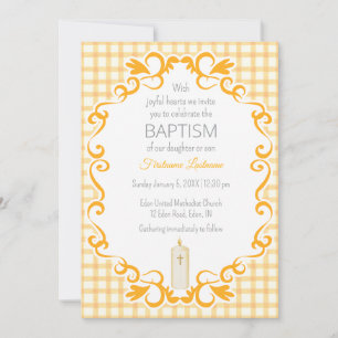 010 Amber Scroll Gingham Cross Candle Baptism Invitation
