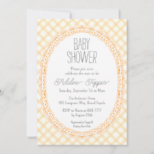 010 Amber Vintage Lace Frame Gingham Baby Shower Invitation
