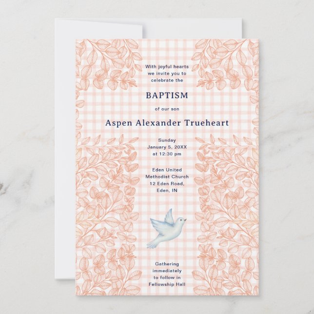 011 Terracotta Botanical Cross Gingham Baptism Invitation (Front)