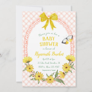 011 Terracotta Daisy Bow Gingham Baby Shower Invitation