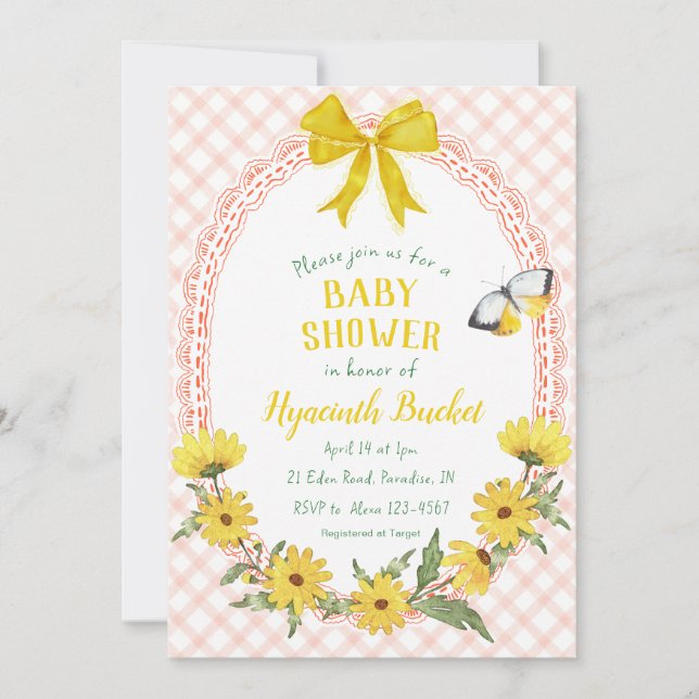 011 Terracotta Daisy Bow Gingham Baby Shower Invitation (Front)