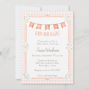 011 Terracotta Gingham Floral Twins Baby Shower Invitation