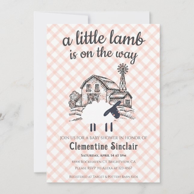 011 Terracotta Little Lamb Farm Plaid Baby Shower Invitation (Front)