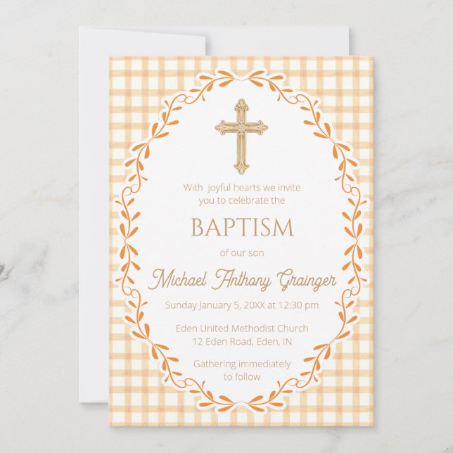012 Copper Botanical Vine Ornate Cross Baptism Invitation (Front)