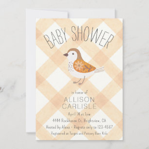 012 Copper Cute Floral Bird Gingham Baby Shower Invitation
