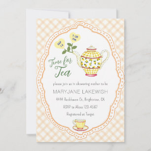 012 Copper Cute Gingham Tea Party Baby Shower Invitation
