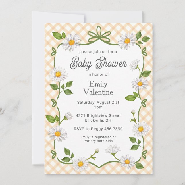 012 Copper Rust Floral Daisy Plaid Baby Shower Invitation (Front)