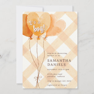 012 Copper Rust Heart Balloon Gingham Baby Shower Invitation