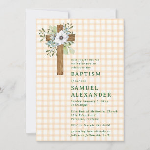 012 Copper Rustic Greenery Wooden Cross Baptism Invitation