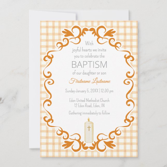 012 Copper Scroll Gingham Cross Candle Baptism Invitation (Front)
