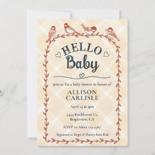 012 Copper Watercolor Gingham Birds Baby Shower Invitation