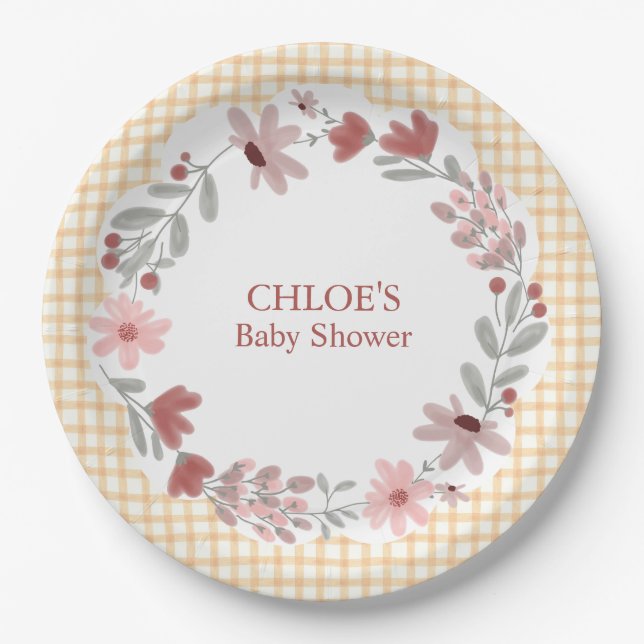 012 Copper Wildflower Bow Frame Gingham Paper Plate (Front)