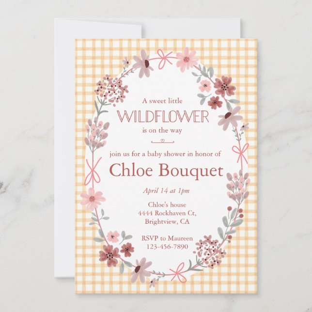 012 Copper Wildflower Bow Gingham Baby Shower Invitation (Front)