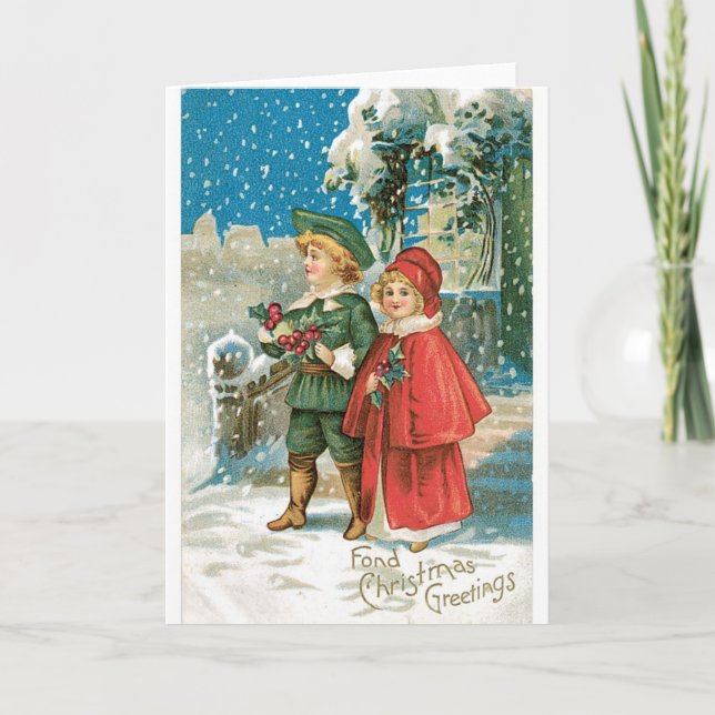 012 Vintage Christmas Card Snow Blonde Children (Front)
