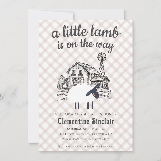 013 Chocolate A Little Lamb Farm Plaid Baby Shower Invitation (Front)