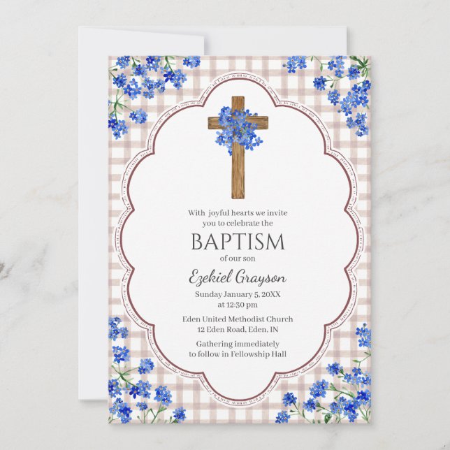 013 Chocolate Blossom Rustic Cross Design Baptism Invitation (Front)