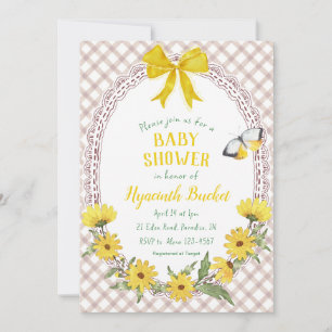 013 Chocolate Brown Daisy Bow Gingham Baby Shower Invitation