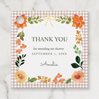 013 Chocolate Brown Floral Gingham Baby Shower Favour Tags