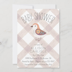 013 Chocolate Cute Floral Bird Gingham Baby Shower Invitation