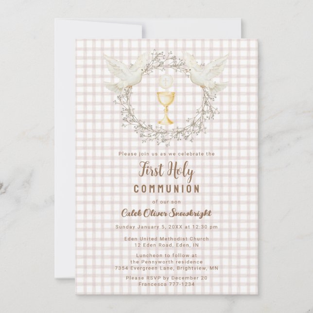 013 Chocolate Dove & Chalice Gingham 1st Communion Invitation (Front)