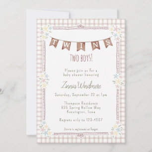 013 Chocolate Gingham Floral Twins Baby Shower Invitation