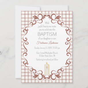 013 Chocolate Scroll Gingham Cross Candle Baptism Invitation