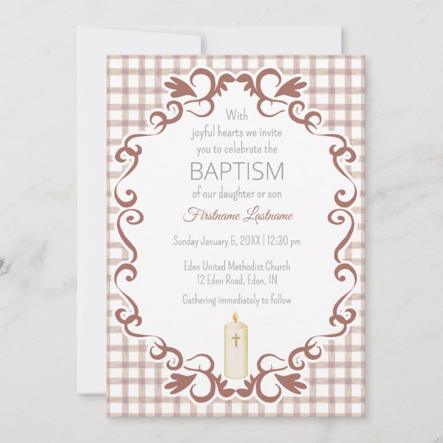 013 Chocolate Scroll Gingham Cross Candle Baptism Invitation (Front)