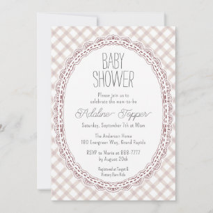 013 Chocolate Vintage Frame Gingham Baby Shower Invitation