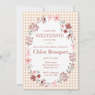 014 Latte Brown Wildflower Bow Gingham Baby Shower Invitation