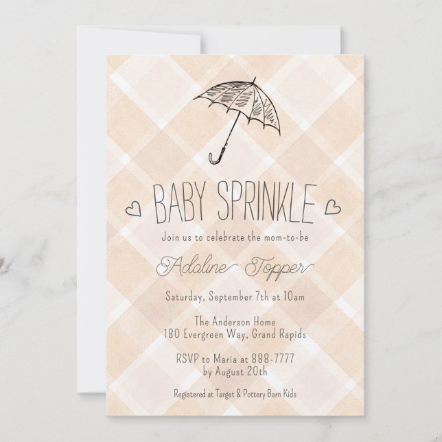 014 Latte Plaid Umbrella Baby Sprinkle Shower Invitation (Front)