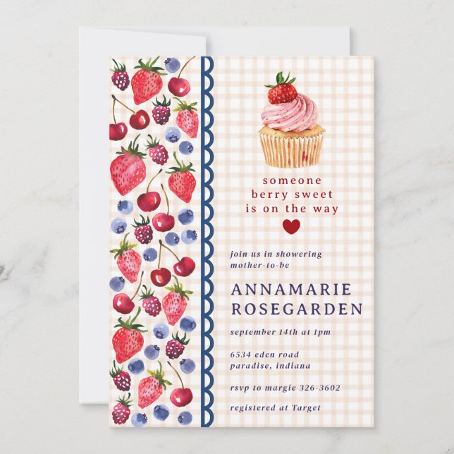 014 Latte Tan Berry Patch Cupcake Baby Shower Invitation (Front)