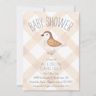 014 Latte Tan Cute Floral Bird Gingham Baby Shower Invitation