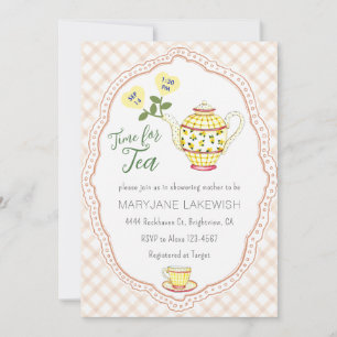 014 Latte Tan Cute Gingham Tea Party Baby Shower Invitation