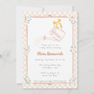 014 Latte Tan Gingham Watering Can Baby Shower Invitation