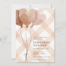 014 Latte Tan Heart Balloon Gingham Baby Shower