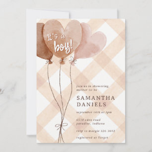 014 Latte Tan Heart Balloon Gingham Baby Shower Invitation