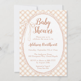 014 Latte Tan Heirloom Lace Gingham Baby Shower Invitation