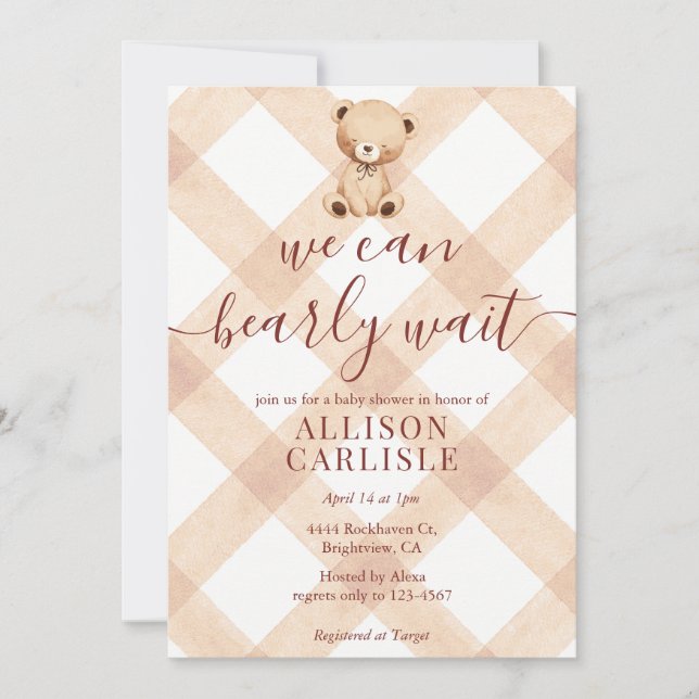 014 Latte Tan Teddy Bear Gingham Baby Shower Invitation (Front)