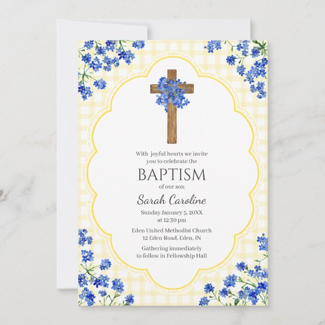 015 Lemon Blossom Rustic Cross Design Baptism Invitation (Front)