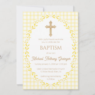 015 Lemon Botanical Vine Ornate Cross Baptism Invitation