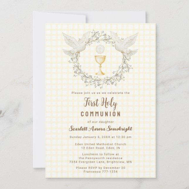 015 Lemon Dove & Chalice Gingham 1st Communion Invitation (Front)