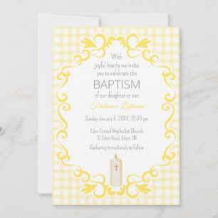015 Lemon Scroll Gingham Cross Candle Baptism Invitation