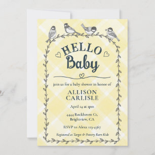 015 Lemon Watercolor Gingham Birds Baby Shower Invitation