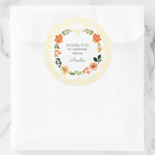 015 Lemon Yellow Floral Gingham Baby Shower Classic Round Sticker